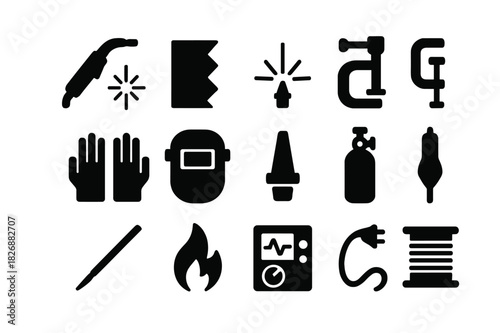 Plasma Cutting Icons. Plasma cutting. Solid icon set of Plasma cutting: cutting torch, metal sheet, sparks, clamp, protective gloves, mask, nozzle, gas