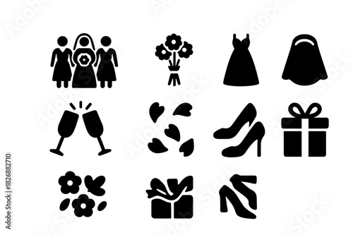 Wedding Party Icons. Bride surrounded by bridesmaids. Solid icon set of Bride surrounded by bridesmaids: bride, bridesmaid , bridesmaid , bridesmaid