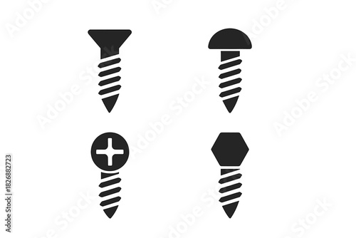 Set of various screw types including Phillips, flat, round, and hex heads used for construction and repair