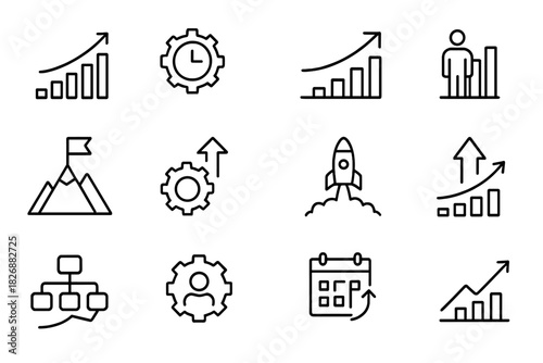 Outline icons for business strategy development including growth charts goals and planning