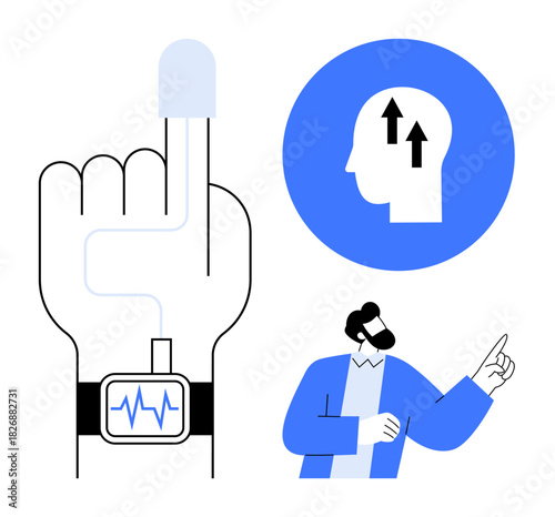 Wearable technology concept showing a smartwatch tracking health data and brain activity stimulations. Wearable tech transforms health monitoring, productivity, and virtual reality. Perfect