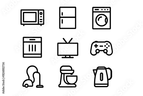 Essential household appliances and entertainment electronics devices set