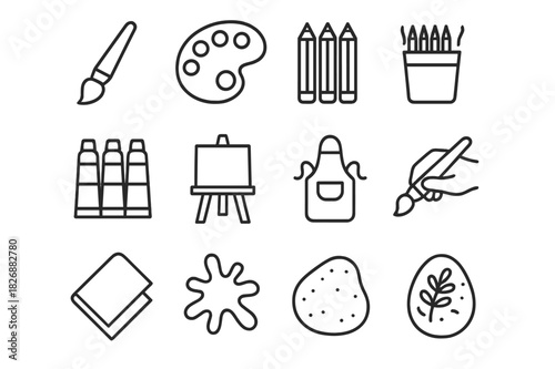 Creative Art Tools. Creative art tools. Line icon set of Creative art tools: paintbrush, palette, colored pencils, paint tubes, easel, water cup, artist apron,