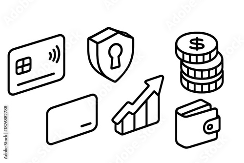 Isometric financial concepts including credit card security, money growth, and digital wallet