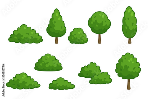 Assortment of stylized green trees and bushes used as decorative elements for game environments
