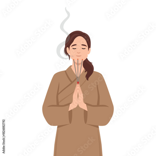 Peaceful woman holding incense sticks while praying, symbolizing spirituality, mindfulness. Flat vector illustration isolated on white background