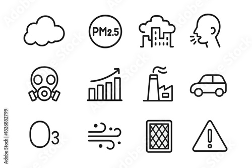 Air Quality Icons. Air quality hazards. Line icon set of air quality hazards: smoke cloud, PM2. icon, smog skyline, coughing icon, gas mask, pollution chart,