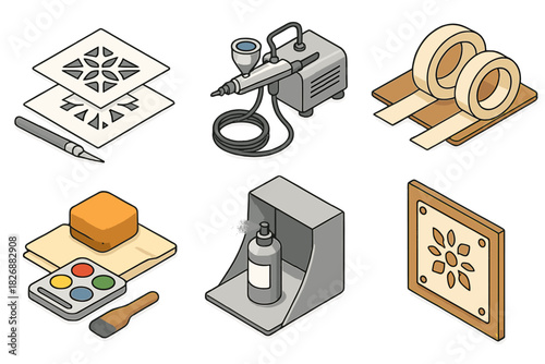 Isometric crafting tools collection including airbrush, compressor, stencils, and paint supplies