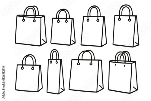 Outline icons of blank paper shopping bags with handles for retail and commerce