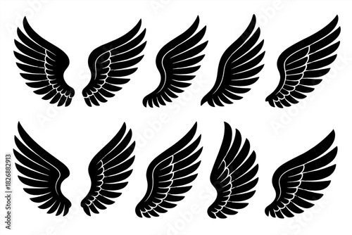 Stylized black angel wings and bird wings collection in various shapes for emblems and logos