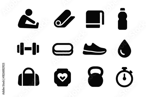 Stretching Routine Icons. Stretching routine. Solid icon set of Stretching routine: person stretching, yoga mat, towel, water bottle, dumbbell, resistance