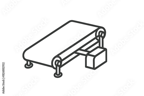 Minimalist black and white automated industrial conveyor belt for manufacturing and packaging processes