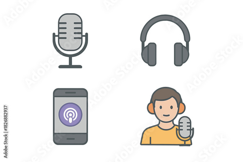 Flat design icon set for podcasting and broadcasting featuring microphone and host character