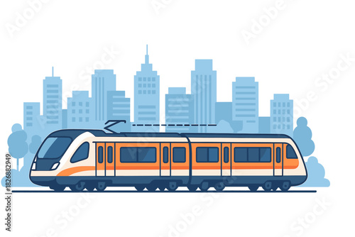 High-speed passenger rail transport vehicle moving across a modern metropolitan city skyline