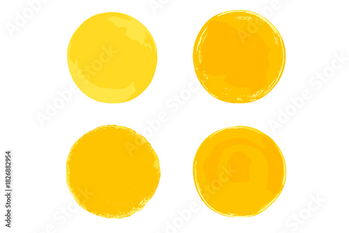 Four vibrant yellow and orange watercolor circles with rough edges and paint texture isolated on white background