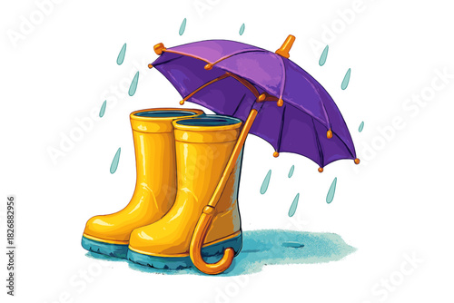 Bright yellow rubber boots and purple umbrella standing in the rain on white