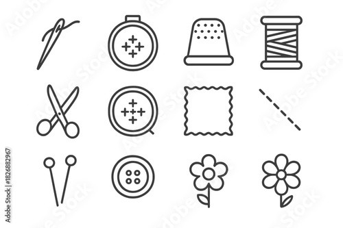 Embroidery Line Icons. Embroidery and stitching. Line icon set of embroidery and stitching: needle, thread, hoop, thimble, spool, scissors, pattern, fabric,