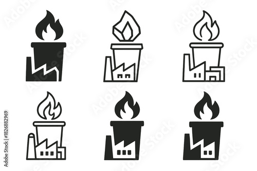 Waste-to-Energy Logos. renewable energy generation from waste. Icon set. Set Logo of renewable energy generation from waste: biofuel plant with flames.