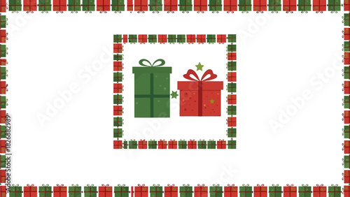 Festive holiday gift boxes adorned with ribbons and bows, framed by a border of miniature presents, evoking a sense of celebration and seasonal cheer