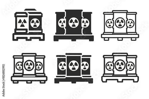 Toxic Waste Icons. toxic waste barrels. Icon set. Set Logo of toxic waste barrels: barrels on containment platform. harmonious logo variations of the same