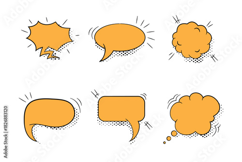 Set of orange comic speech bubbles with dynamic shapes for dialogue, announcements, and expressive designs.