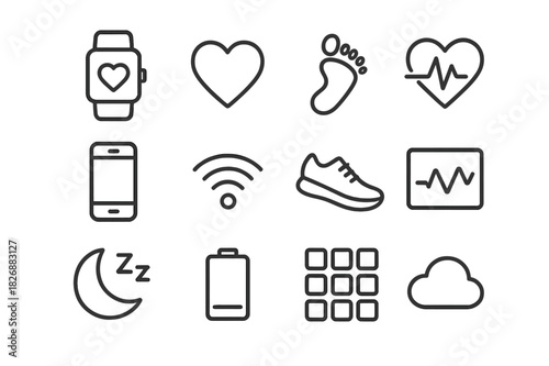 Wearable Tech Icons. Wearable health devices. Line icon set of wearable health devices: smartwatch, heart, steps icon, pulse, phone, wireless signal, shoe,
