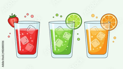 Refreshing assortment of three colorful fruit-infused beverages with ice cubes and fruit garnishes on a light background