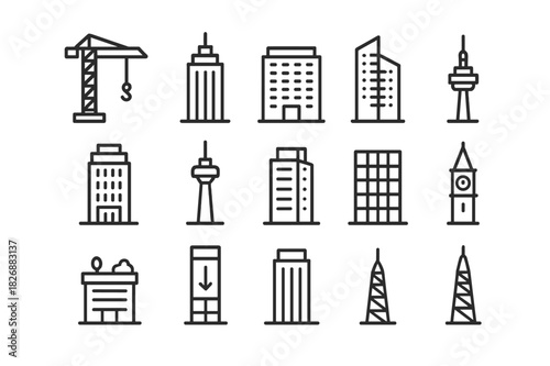 High-Rise Construction Icons. High-rise construction. Line icon set of High-rise construction: construction crane, skyscraper, office building, residential