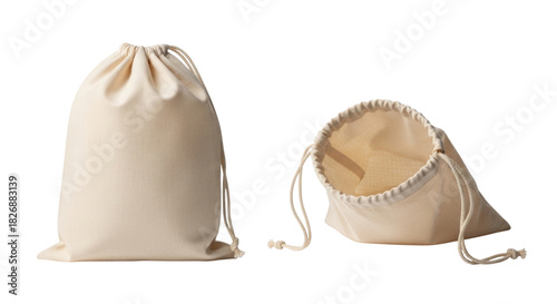 Two cotton drawstring bags one closed and one open transparent background cutout png