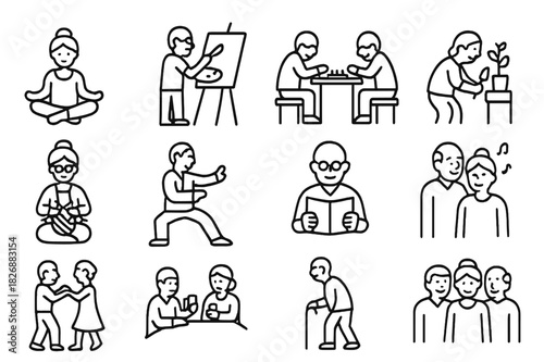 Senior Activity Icons. Senior activities. Line icon set of Senior activities: yoga, painting, chess, gardening, knitting, tai chi, reading, singing, dancing,