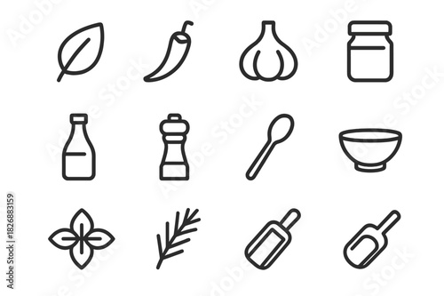 Herb and Spice Icons. Herbs and spices. Line icon set of herbs and spices: leaf, chili pepper, garlic, jar, bottle, pepper grinder, spoon, bowl, basil,