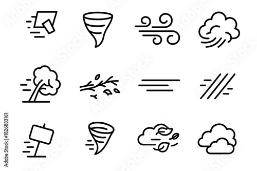 Whirlwind Hazard Icons. Whirlwind hazard. Line icon set of Whirlwind hazard: flying debris, tornado funnel, swirling wind, dust cloud, bent tree, broken