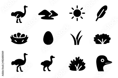 Desert Birds Icons. Desert birds. Solid icon set of Desert birds: ostrich, sand dune, sun, feather, nest, egg, grass, waterhole, bush, adult ostrich, baby