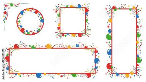 Festive celebration border designs featuring colorful balloons and confetti for party invitations and decorations