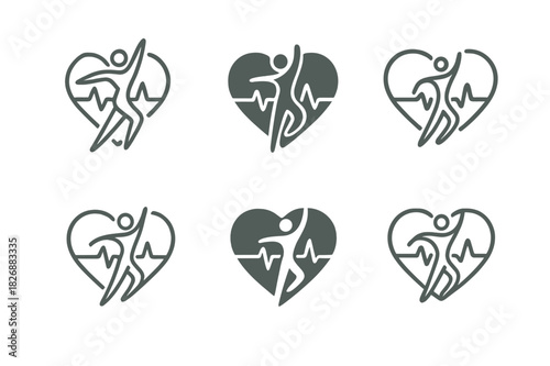 Dance Therapy Logos. dance therapy and emotional healing. Icon set. Set Logo of dance therapy and emotional healing: heart and rhythm waves. harmonious logo