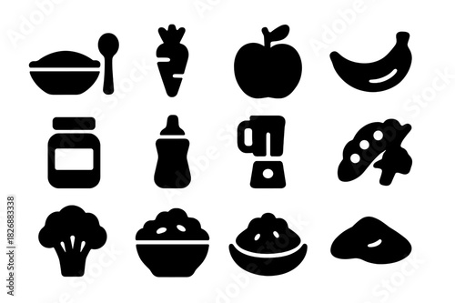 Baby Food Icons. Infant meal. Solid icon set of Infant meal: baby bowl, spoon, carrot, apple, banana, jar, bottle, blender, peas, broccoli, oatmeal, mashed