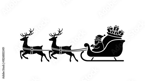 Santa Claus Riding His Sleigh Pulled By Reindeer With Gifts