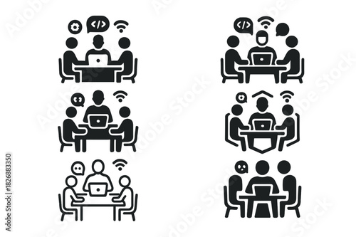 Collaborative Developer Icons. developer coding in a collaborative workspace. Icon set. Set Logo of developer coding in a collaborative workspace: team table