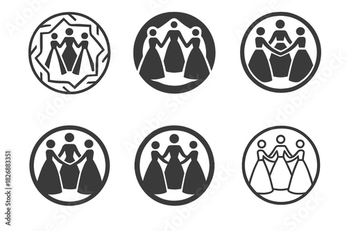 Bridesmaid Logo Variations. Bridesmaids in matching dresses. Icon set. Set Logo of bridesmaids in matching dresses: Circle of hands over dresses. harmonious