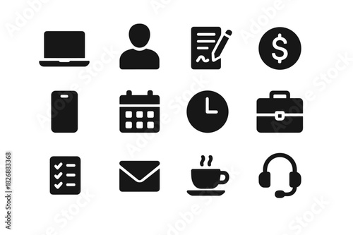 On-Demand Work Icons. On-demand work. Solid icon set of On-demand work: laptop, freelancer, contract, payment, smartphone, calendar, clock,