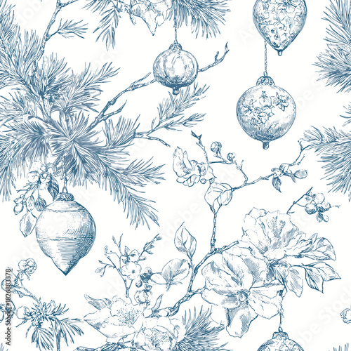 Christmas Floral Blue Toile