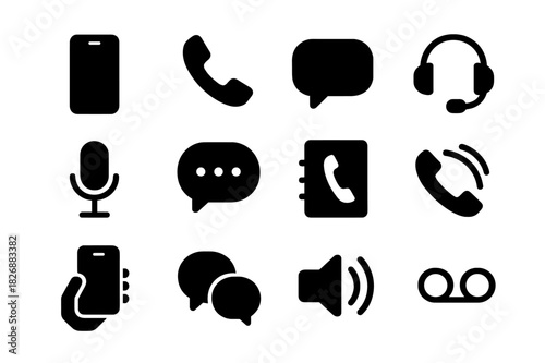 Mobile Icons Set. Mobile calls. Solid icon set of Mobile calls: smartphone, call icon, speech bubble, headset, microphone, message, contact book, ringing