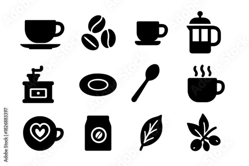 Coffee Icon Set. Coffee experience. Solid icon set of Coffee experience: coffee cup, coffee beans, espresso shot, French press, coffee grinder, saucer, spoon,