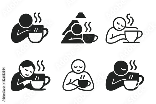 Mental Well-Being Icons. mental well-being. Icon set. Set Logo of mental well-being: cozy tea cup and rest icon. harmonious logo variations of the same