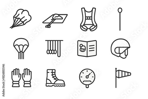 Parachute Packing Icons. Parachute packing. Line icon set of Parachute packing: folded parachute, packing mat, harness, ripcord, reserve chute, cord loops,