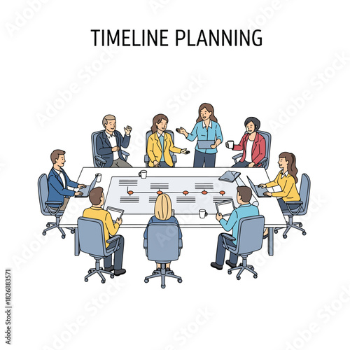 Group of diverse business people meeting around a table for timeline planning session