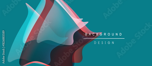 Abstract shapes overlap, creating dynamic visual effect. Teal background complements red, blue hues. Modern design element.