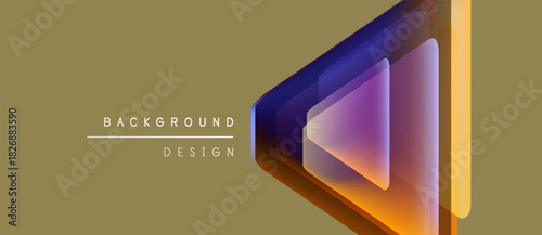 Abstract geometric shapes overlap, creating vibrant color gradients. Background features soft gold tone. Design elements suggest depth, layering.