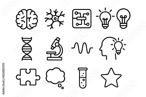 Creative Neuroscience Icons. Neuroscience of creativity. Line icon set of neuroscience of creativity: brain, neuron, circuit, light bulb, DNA strand,