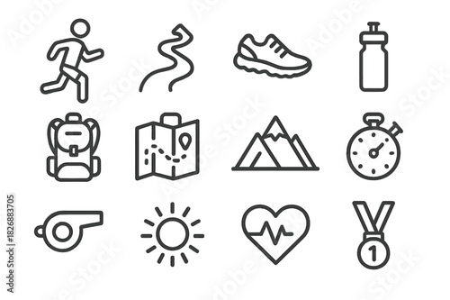 Trail Running Icons. Trail running. Line icon set of trail running: runner, trail path, sneakers, water bottle, backpack, map, mountain, stopwatch, whistle,